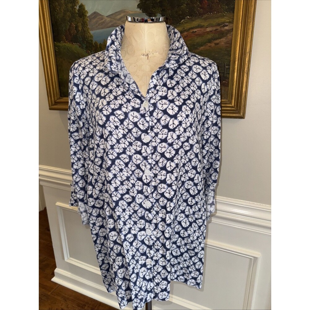 John Mark Women's Blue & White Linen Beach Tunic Top Medium M